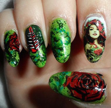 Poison Ivy Nails Poison Ivy Nail Art, Poison Ivy Inspired Nails, Poison Ivy Nails Designs, Poison Ivy Nails, Villain Nails, Nerdy Nails, Ivy Nails, Red Lips Tutorial, Eye Shadow Looks