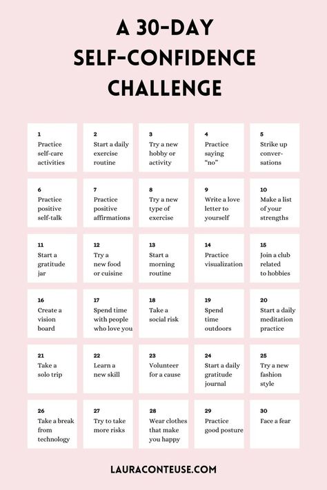 a pin that says in a large font 30-Day Self-Confidence Challenge Becoming Confident In Yourself, Tips To Build Confidence, How To Grow Your Self Confidence, How To Practice Confidence, 30 Days Confidence Challenge, How To Have More Confidence In Yourself, How To Gain Self Love, Build Self Confidence Woman, How To Talk Confidently