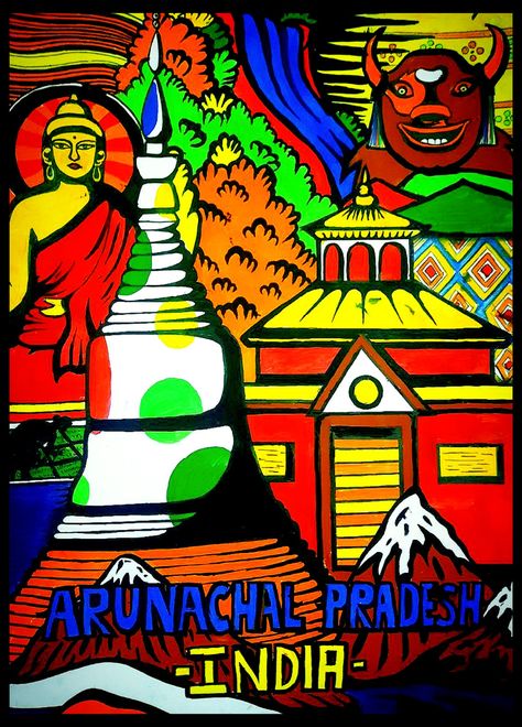 Arunachal Pradesh State visuals painting by @art_of_aashutosh Arunachal Pradesh Drawing, Arunachal Pradesh Travel Brochure, Arunachal Pradesh Culture Poster, Arunachal Pradesh Culture Drawing, Incredible India Posters, Dress Illustration Art, India Poster, Arunachal Pradesh, Tourism Poster