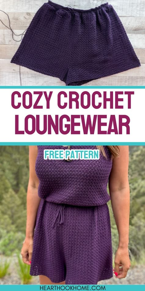 Discover how to crochet your own loungewear shorts with this free pattern—perfect for cozy days at home! Free Crochet Shorts Pattern For Women, Crochet Womens Clothes Free Pattern, Mercerized Cotton Crochet Pattern, Crochet Womens Clothes, Crochet Romper Adult Free Pattern, Free Crochet Clothes Patterns, Crochet Quick Projects Free, Crochet Shorts Pattern Free, Crochet Loungewear