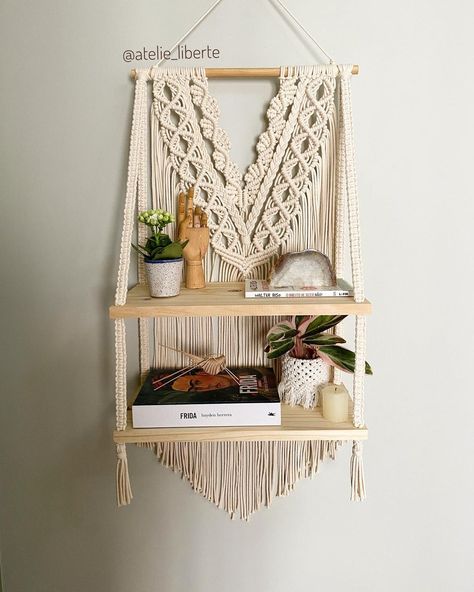 Aesthetic Room Essentials, Space Aesthetic Room, Boho Shelf Decor, Macrame Wall Hanging Shelf, Boho Shelf, Floating Wood Shelves, Wall Hanging Shelf, Macrame Shelf, Cottage Vibes