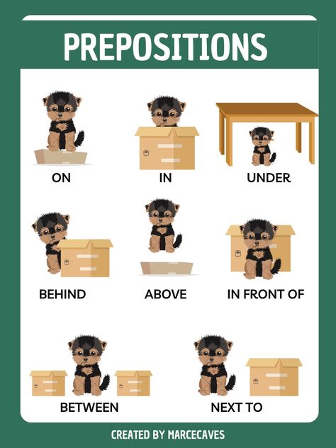 Learn English with this memory aid Prepositions For Kids, Esl Prepositions, Preposition Pictures, Preposition Worksheets, English Exercises, Esl Resources, School Craft, English Lessons For Kids, Teaching Aids