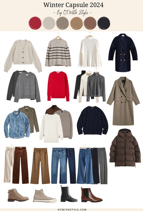 Winter 2023/24 Capsule Wardrobe - OT With Style Femenine Outfits Style Winter, Classic Style Outfits Winter, New England Winter Outfit, Winter Basics Wardrobe, Winter Palette Outfits, Capsule Wardrobe Color Palette, Capsule Wardrobe For Winter, Seasonal Capsule Wardrobe, Winter Travel Wardrobe