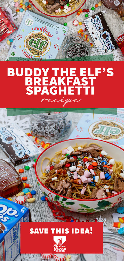 Bring a taste of sweet holiday chaos to your Christmas breakfast table with Buddy the Elf’s breakfast spaghetti, straight from the movie Elf! Take this sweet breakfast idea to the next level by upgrading to a homemade chocolate fudge sauce. Buddy The Elf Christmas Table, Buddy The Elf Dinner Ideas, Buddy The Elf Party Food, Elf Recipes, Elf Dinner, Elf Snacks, Christmas Breakfast Table, Breakfast Spaghetti, Elf Food