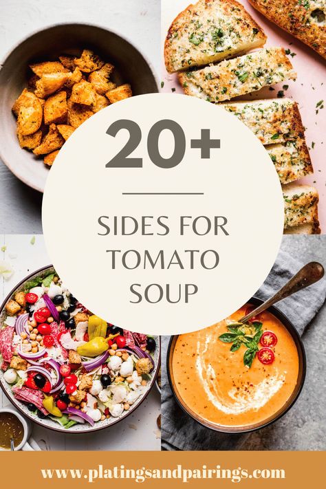 Wondering what to serve with tomato soup? I’ve got you covered with these 20+ tasty sides, salads, toppings & more! Tomato Soup And Salad, Tomato Soup Pairing, What To Eat With Tomato Soup, Tomato Soup Sides, What To Serve With Tomato Soup, Sides For Soup Potluck, Sides To Go With Soup, Sides For Soup, What To Serve With Soup