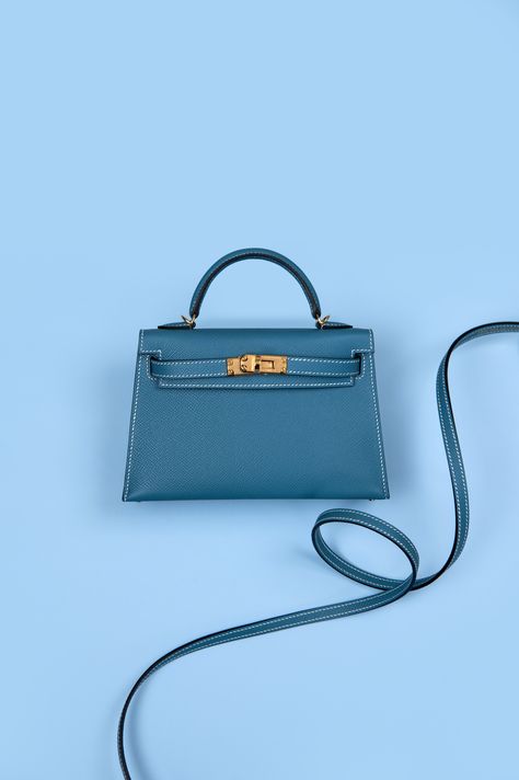 Hermès Mini Kelly Epsom 20 in Blue Jean GHW Hermes Mini Kelly Blue, Personal Shopper, Hermes Bags, Blue Jeans, Handbags, Couture, Fashion Outfits, Blue