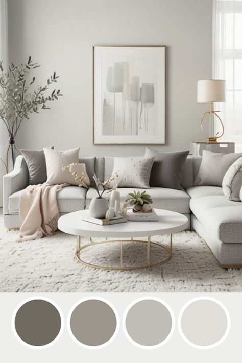 Gray Living Room Color Palette, Minimalist Wall Color Living Rooms, Light Grey Modern Living Room, Living Room Two Windows, Gray Living Room Inspiration, Neutral Color Palette For Living Room, Living Room Designs Neutral Colors, Gray And Cream Living Room Ideas, Gray Aesthetic Living Room