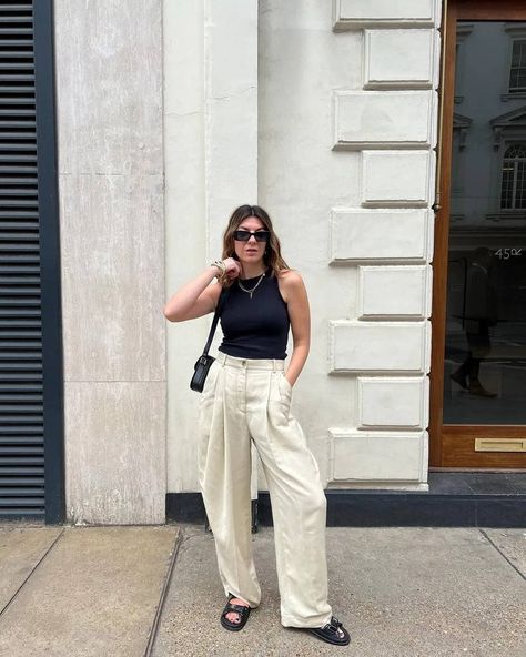 COS's Wide-Leg Trousers Are the Best Around—Hands Down | Who What Wear UK Oversized White Linen Shirt Outfit, How To Wear Linen Pants, Chunky Sandals Outfit, Cos Trousers, Sandal Outfits, Wardrobe Aesthetic, Linen Pants Outfit, Summer Wardrobe Essentials, Sandals Outfit