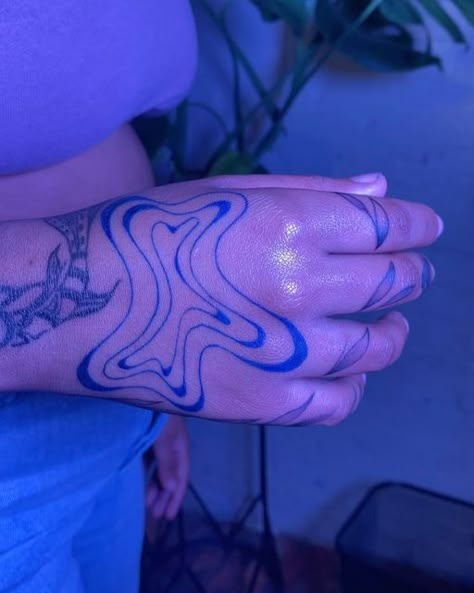 Blue Line Work Tattoo, Blue Linework Tattoo, Frequency Tattoo, Blue Line Tattoo, Swirly Tattoo, Maryland Tattoo, Tattoos 2023, Blue Tattoo, Doodle Ideas