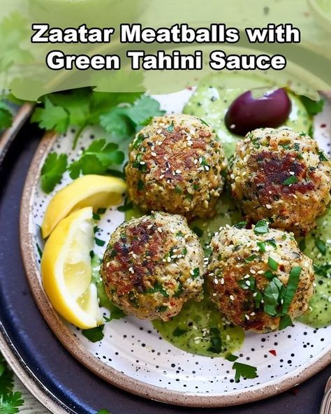 Recipes Masters | Zaatar Meatballs with Green Tahini Sauce | Facebook Zaatar Meatballs With Green Tahini Sauce, Zaatar Meatballs, Green Tahini Sauce, Green Tahini, Zaatar Spice, Tahini Paste, Za Atar, Tahini Sauce, Chili Flakes