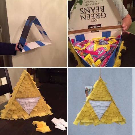 Zelda triforce piñata Zelda party Zelda Themed Birthday Party, Zelda Pinata, Zelda Birthday Party Games, Zelda Party Games, Zelda Birthday Party Decorations, Zelda Party Ideas, Diy Zelda Crafts, Zelda Birthday Party, Video Game Party Theme