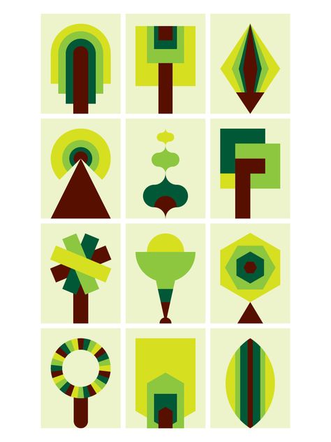 Trees x 12, Commission for Alexandra Arts Manchester. Graphic Nothing/Gary Andrew Clarke Geometric Tree Design, Tree Graphic Design Illustrations, Leaf Graphic Design, Tree Illustration Design, Aladdin Illustration, Tree Graphic Design, Stylised Tree Illustration, Tree Geometric, Tree Vector Architecture