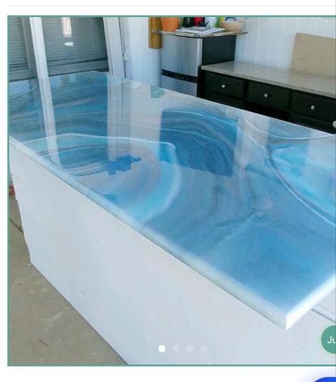 Blue Epoxy Countertop, Epoxy Countertop White And Blue, Expoy Resin Kitchen Counter Tops, Ocean Floor Layers Epoxy Furniture, Ocean Floor Multi Layers Epoxy Furniture, Blue Granite Countertops, Top Decor Ideas, Kitchen Design Countertops, Marble Countertops Kitchen