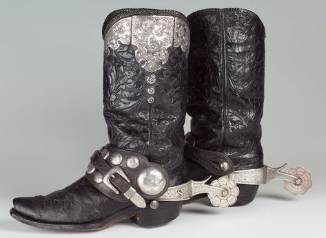 Edward H. Bohlin Boots and Spurs — Old West Events Western Ankle Boots Outfit, Black Western Boots Outfit, White Western Boots Outfit, Custom Spurs, Western Spurs, Western Boot Outfit, Cowboy Spurs, Western Boots Outfit, Black Western Boots