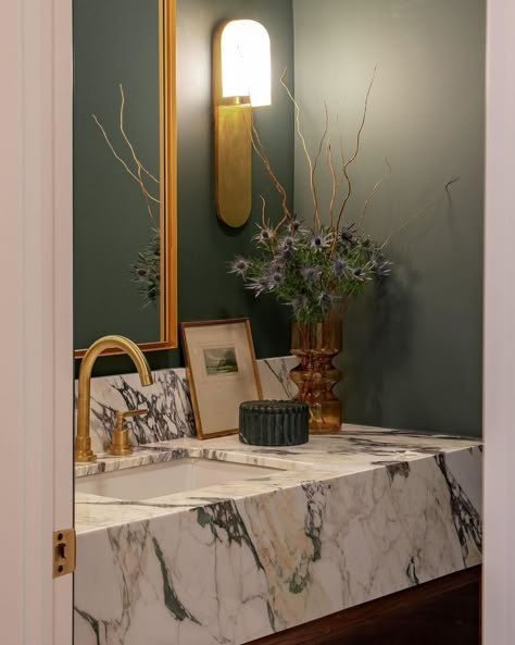 Marble Trend Ltd. | Pretty green powder room featuring Calacatta Monet Marble supplied by @marbletrend 💚 Loving how well all the details and colours… | Instagram Marble Vanity Bathroom, Marble Powder Room, Monet Marble, Green Powder Room, Calacatta Monet, Green Marble Bathroom, Marble Bathroom Vanity, Marble Trend, Powder Bathroom