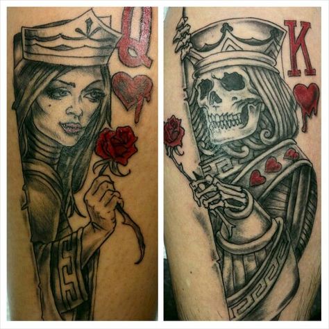 Queen and king. Couples tattoo Couple Tattoos Astetic, Selfish Tattoos, Sugar Skull Couple Tattoo, King And Queen Tattoo, King Queen Tattoo, Him And Her Tattoos, Best Couple Tattoos, Cute Couple Tattoos, Couples Tattoo Designs