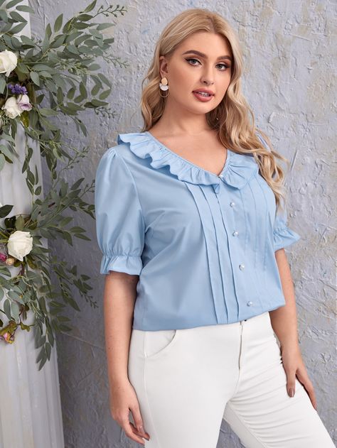 Western Tops For Women, Cotton Tops Designs, Women Blouses Fashion, Blue Cute, Western Tops, Summer Plus Size, Neckline Designs, Plain Shirt, Flounce Sleeve