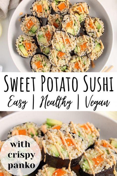 Sweet Potato Sushi Roll, Sweet Potato Sushi, Vegan Sushi Rolls, Sushi Recipes Homemade, Veggie Sushi, Vegetarian Sushi, Sushi Roll Recipes, Crispy Sweet Potato, Vegan Sushi