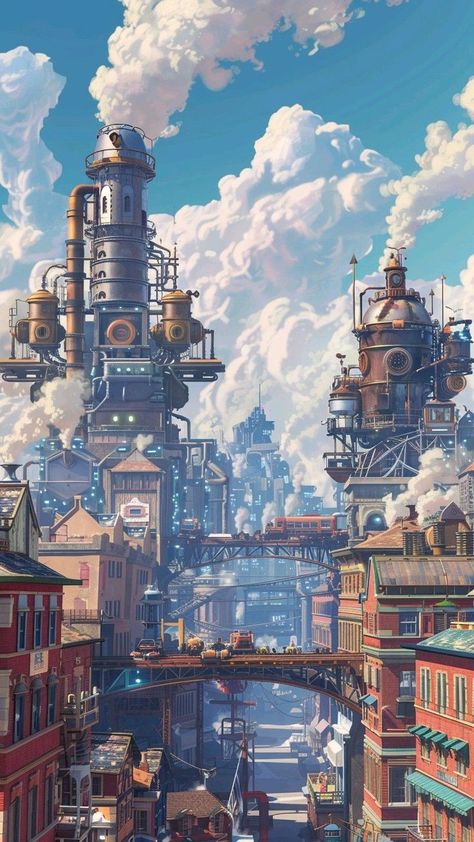 Steampunk Asian City, Medieval Cyberpunk City, Cities Fantasy Art, Fantasy Cyberpunk City, Fantasy Magic City, Industrial City Concept Art, Steampunk Environment Concept Art, Arcane Minecraft, Steampunk Building Concept Art