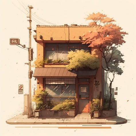 Building With Plants, Japanese Architecture Drawings, Drawing Of A Building, Japanese Store Fronts, Japanese Buildings, Japanese Town, Anime House, Arte Aesthetic, Colour Drawing