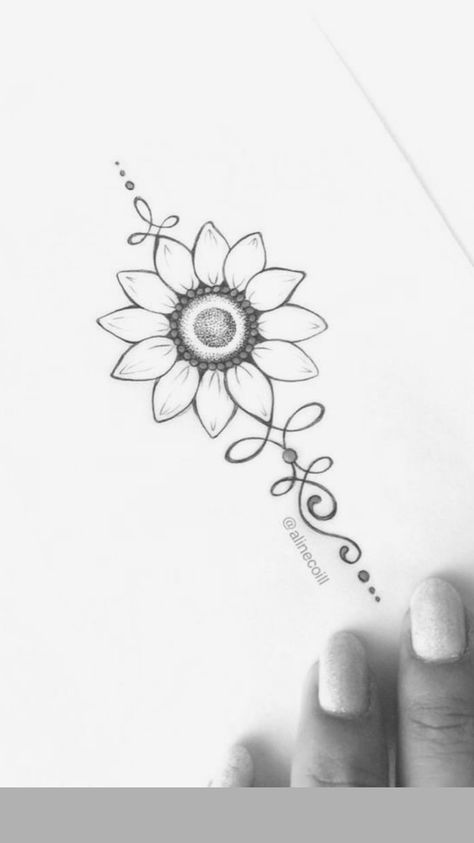 Unalome Sunflower Tattoo, Name Tattoo Cover Up Ideas For Women, Flower Unalome Tattoo, Sunflower Chest Tattoo Female, Small Sunflower Tattoos, Simple Sunflower Tattoo, Small Sunflower Tattoo, Sunflower Mandala Tattoo, Lotusblume Tattoo