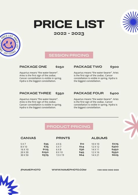 Branding Price List Design, Pricing Graphic Design, Graphic Design Pricing List, Pricing Design Layout, Services List Design, Pricing Flyer Design, Canva Price List Ideas, Price List Design Photography, Graphic Design Price List Layout