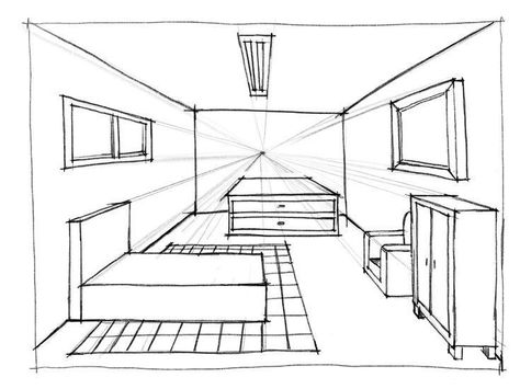 Room Drawing Reference, Perspective Drawing Room, People As Cartoons, Draw A Room, One Point Perspective Room, Room Perspective Drawing, Drawing Inspo Sketch, 1 Point Perspective Drawing, Inspo Sketch