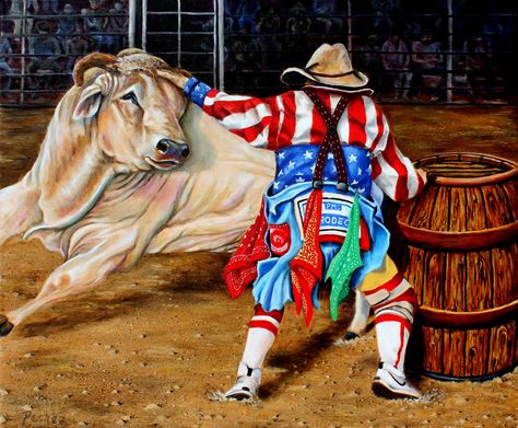 Oil Painting of a Rodeo clown working to control a bull after the bull rider has fallen off, under the spotlights of the arena, as the spectators look on. painted by Pechez. Bull Drawing, Face Paint Designs, Rodeo Clown, Clown Face Paint, Rodeo Poster, Clown Paintings, Clown Face, Rodeo Cowboys, Bull Rider