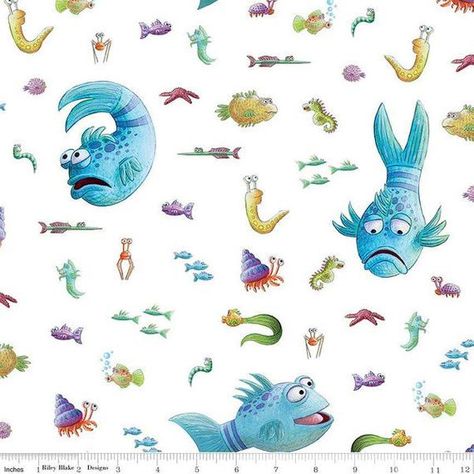 Pout-Pout Fish Fabric, By The Yard, White, Riley Blake, Pout Pout Fish Fabric, TheFabricEdge The Pout Pout Fish, Pout Pout Fish, Fish Fabric, Fish Quilt, Riley Blake Fabric, Fabric Yardage, Cotton Quilting Fabric, Fish Design, Riley Blake