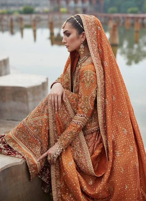 Orange Indian Dress, Orange Indian Outfit, Baraat Dress, Farah Talib Aziz, Pakistani Bridal Lehenga, Orange Lehenga, Bridal Mehndi Dresses, Desi Wedding Dresses, Wedding Lehenga Designs