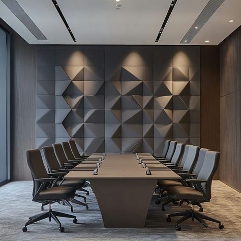 Elevate your conference room with 3D geometric rubber panels for a sophisticated and functional design. These rubber panels add texture and depth, optimizing both aesthetics and acoustics, perfect for modern corporate settings. Ideal for creating a professional atmosphere that combines style with practicality. Modern Conference Room Design, Modern Conference Room, Building Materials Architecture, Materials Architecture, Conference Room Design, Conference Hall, Acoustic Panels, Office Interior Design, Office Interior