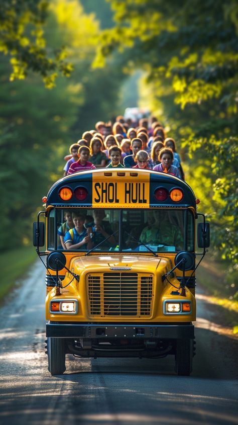 School Bus Journey: A bright yellow school bus filled with students travels down a sunlit tree-lined road. #school #bus #students #journey #road #trees #education #yellow #aiart #aiphoto #stockcake https://ayr.app/l/vY8S School Bus Pictures, Bus Journey, Yellow School Bus, Bus Route, Canada Destinations, School Bus Driver, Funny School, Student Travel, Bus Driver