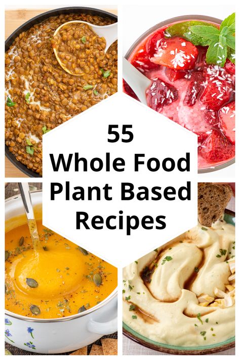 55 delicious and healthy whole food, plantbased recipes that have no oil and are sugar-free. Thanks to those flavorful whole plant foods, these recipe ideas are brimming with taste and nutrition. No matter if you need inspiration for your plant based meal, vegan breakfast or you are a plant-based begginer, you will find something yummy to brighten your day and improve your health! You can find the recipes at https://wellnessdove.com/55-whole-food-plant-based-recipes-that-are-clean-and-delicious Whole Food Plant Based Crockpot Recipes, Whole 30 Plant Based Recipes, Plant Based And Veganism, Whole Food Plant Based Breakfast, Whole Foods Plant Based Recipes, Whole Food Plant Based, Whole Food Plantbased Recipes, Whole Food Plant Based Recipes, Whole Plant Based Diet