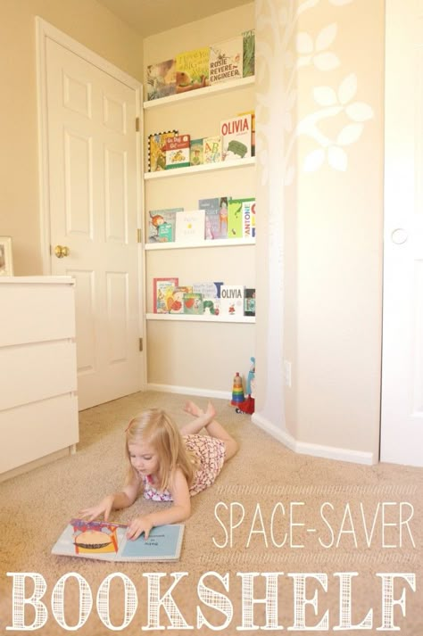 This DIY space-saver bookshelf capitalizes on the unused space behind a door. A clever, affordable and beautiful DIY solution for small spaces. Diy Bookshelf Kids, Kids Room Bookshelves, Room Bookshelf, Diy Space, Ideas Hogar, Small Space Diy, Room Deco, Bookshelves Kids, Bookshelves Diy