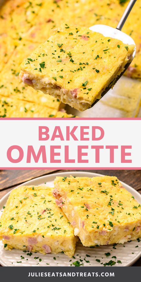 Looking for an easy way to serve eggs to a crowd? Serving a Baked Omelette is your answer! It's packed with all the flavor of your favorite omelette like cheese and ham, but so easy because you can just bake it in the oven and it serves a large group. It's also great for meal prep! #omelette #baked Ricotta Cheese Omelet, Oven Baked Scrambled Eggs For A Crowd, Oven Baked Omelette, Baked Omelette Recipe, Oven Omelette, Oven Baked Eggs, Baked Omelette, Baked Omelet, Omlet Recipes