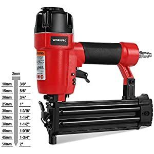 For use in upholstery, carpentry, and woodworking projects, WORKPRO 18-Gauge Pneumatic Brad Nailer, Compatible with 3/8" to 2" Nails, Depth Adjustment Nail Gun Emerald Nails, Woodworking Tools For Beginners, Brad Nailer, Wall Writing, Brad Nails, Lines On Nails, Cordless Drill, Tongue And Groove, Best Budget