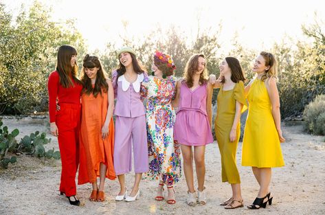 primary color bridesmaids Rainbow Group, Balloon Drop, Twentynine Palms, Inspiration For The Day, Joshua Tree Wedding, Vintage Bridesmaids, Dress Code Wedding, Bridesmaid Inspiration, Cocktail Attire