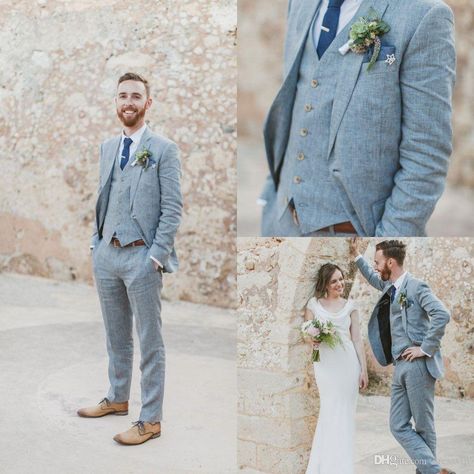 Light Blue Groom Suit, Xcaret Wedding, Blue Groom Suit, Linen Wedding Suit, Blue Tuxedo Wedding, Blue Linen Suit, Blue Groom, Notch Lapel Suit, Men Suits Wedding