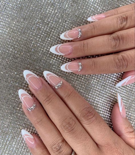 French Tip Elegant Nails, White Tip Nails With Design Almond, French Tip Nails With Design Diamonds, French With Line Under, French Tip Nails With Rhinestones Almond, Trendy Nails Ideas French Tip, White French With Design Nails, White French Tip Nails Almond Design, French Tip With Line Underneath