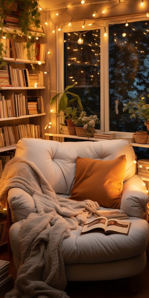 Cozy Home Library, تصميم داخلي فاخر, Cozy Reading Corners, Home Library Design, Cozy Room Decor, Cozy Reading Nook, Cozy Room, Book Shelf, Cozy Living Rooms