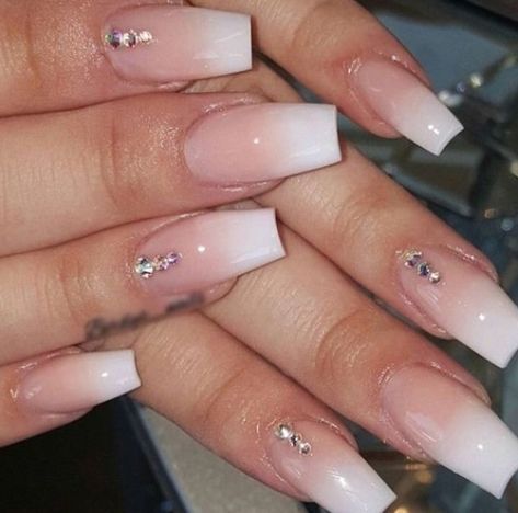 Luxury Beauty #nailart #acrylicnails #nailideas French Ombre Nails Coffin Rhinestones, Rinstone Nails Design Coffin Simple, Ombre French Tip Nails With Rhinestones, Ombre Nails Diamonds, Pink Ombre Nails With Rhinestones, Nail Ideas Rhinestones, Ombré Nails With Gems, Nail Designs Rhinestones, Nails With Strass