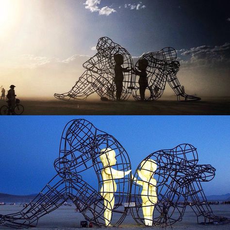 Powerful art piece from burning man, it's titled love: Sculpture of two adults after a disagreement, sitting with their backs to one another. Yet, the inner child in both of them simply yearns to connect. Age has many beautiful gifts but ones we could live without is the pride and resentment we hold on to when we have conflicts of the heart with others. The forgiving, free spirit of children is our true nature. Try to remember this when upset or hurt. #compassion #respect #peace #love #kindness Mama Video, Burning Man Sculpture, Burning Man 2015, Love Sculpture, Burning Man Festival, Powerful Art, One Fine Day, Portrait Sculpture, Try To Remember