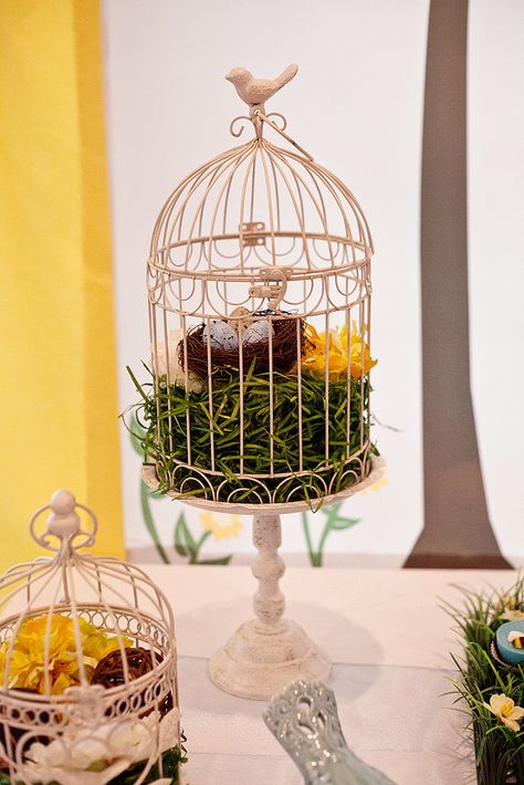 Bird cages were used on the left side of the tablescape to align with the bird theme. Beehive Diaper Cake, Bird Baby Shower, Birds And Bees, Bee Cookies, Babyshower Party, Bee Baby Shower Theme, Mommy To Bee, Bird Party, Bird Cage Decor