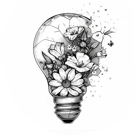 Lightbulb Tattoo Design, Broken Lightbulb With Flowers, Lightbulb Flower Tattoo, Kale Tattoo, Quote With Flowers Tattoo, Alstroemeria Tattoo, Lightbulb Tattoo, Lantern Tattoo, Full Tattoo