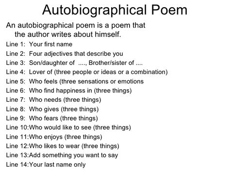 Example Of A Student Autobiographical Poem With Rules Bio Poem Examples, Bio Poem Template, Poem Examples, Autobiography Template, Poem Styles, Bio Poem, Elementary Poetry, Bio Poems, I Am Poem