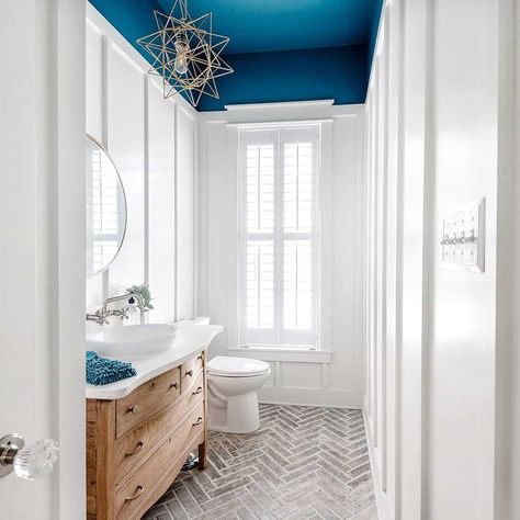 Blue Ceiling Bathroom, Board And Batten Bathroom, Batten Bathroom, Herringbone Brick Floor, Farmhouse Floor Plan, Blue Ceiling, Oak Farmhouse, Coastal Farmhouse Kitchen, Subway Tiles Bathroom