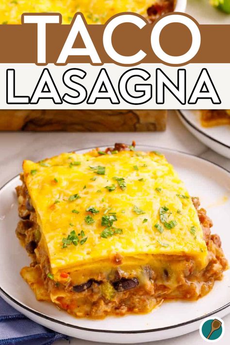 A delicious slice of Taco Lasagna layered with tortillas, seasoned beef, beans, and melted cheese, perfect for a fun Tex-Mex inspired meal. Tex Mex Lasagna Recipe, Taco Lasagna With Tortillas, Easy Taco Lasagna, Lasagna With Tortillas, Tex Mex Lasagna, Lasagna Side Dishes, Taco Lasagna Recipe, Busy Weeknight Meals, Taco Lasagna