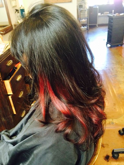 Perfect haircut and red peekaboo highlights! Dark Red Peekaboo Hair, Peekaboo Red Hair, Red Peekaboo Hair, Red Peekaboo Highlights, Hair Peekaboo, Red Peekaboo, Hair Curtain Bangs, Hidden Hair Color, Peekaboo Highlights