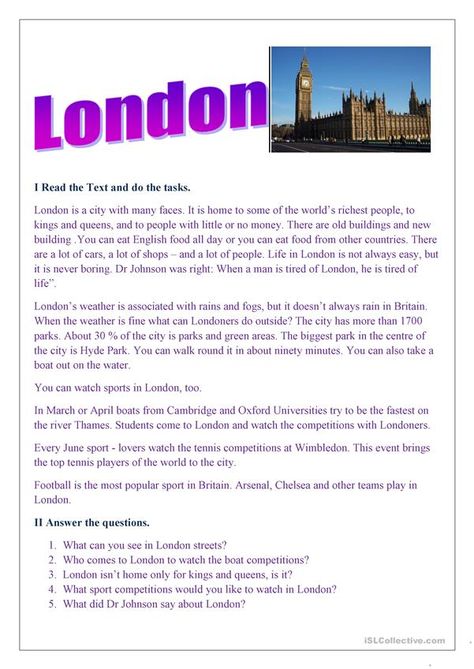 London - English ESL Worksheets for distance learning and physical classrooms English Essays, Esl Reading, Learning Reading, Reading Comprehension Lessons, Better English, Social Studies Worksheets, English Story, Reading Practice, Hams