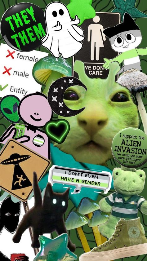 Alien Collage, Green Collage, Alien Invasion, Frogs, Aliens, Ghost, Collage, Green